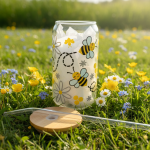 Vaso vidrio decorado de abejitas con tapadera de bambú