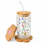 Vaso de Vidrio Tipo Lata "Jardín Silvestre" con Tapa de Bambú con posavasos