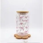 Vaso de vidrio moño corazones  con Tapa de Bambú