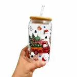 Vaso de vidrio Carro de navidad  con Tapa de Bambú