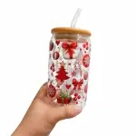 Vaso de vidrio navidad  con Tapa de Bambú y posavasos estilo flor