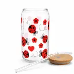Vaso de vidrio bichitos rojos  con Tapa de Bambú