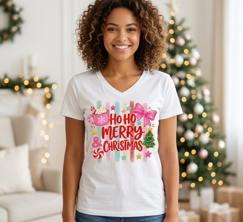 Camiseta Cuello en V Navidad "Ho Ho Merry Christmas"