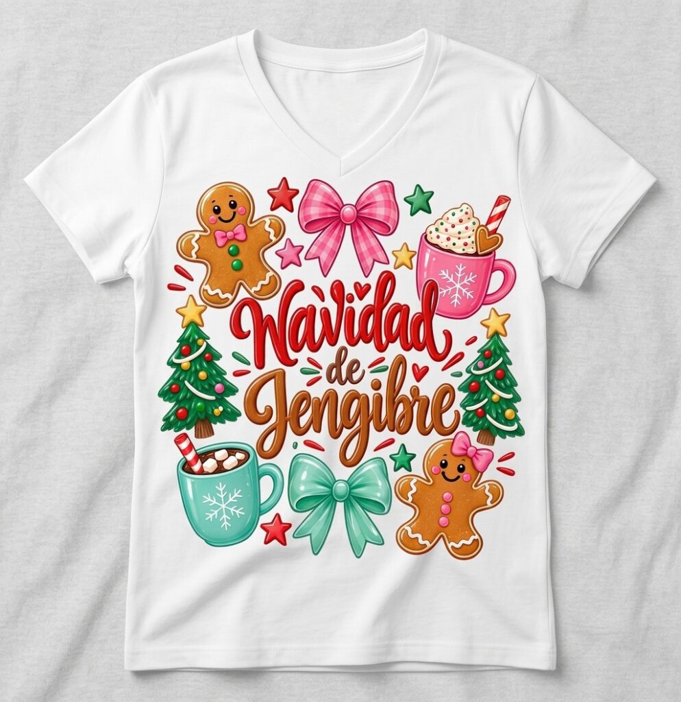 Camiseta Cuello en V Dama "Navidad de Jengibre"