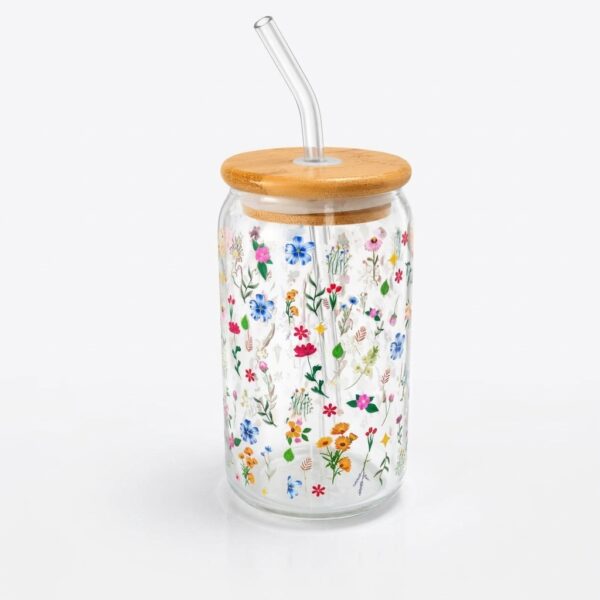 Vaso de Vidrio Jardín de Flores Silvestres Floral con Tapa de Bambú y Pajilla –  (16 oz)