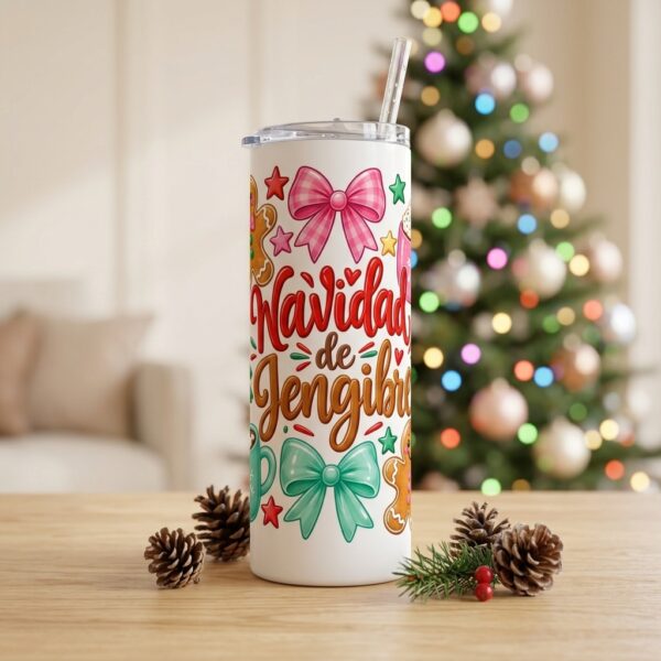 Vaso Termo Skinny "Navidad de Jengibre" de 20 oz – Blanco con Pajilla Plástica