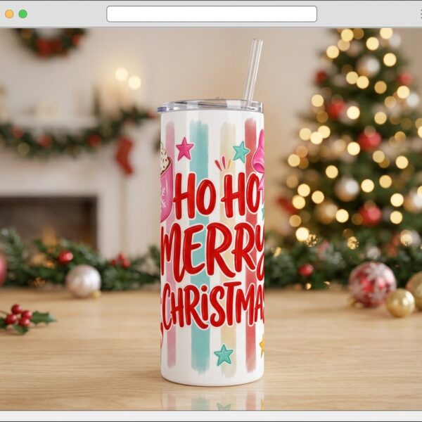 Vaso Termo Skinny "Ho Ho Merry & Christmas" de 20 oz – Blanco con Pajilla Plástica