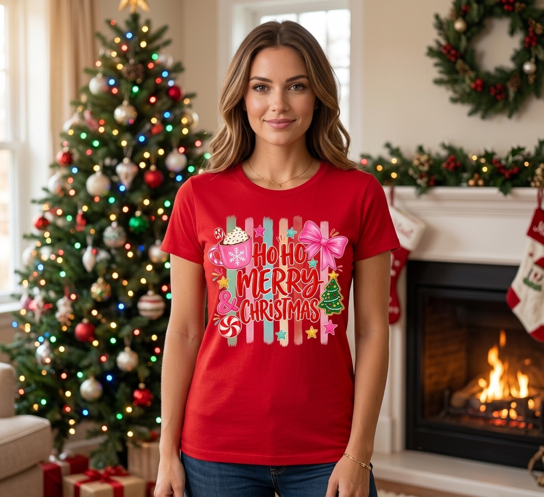 Camiseta Roja de Mujer "Ho Ho Merry Christmas" - Moda Navideña