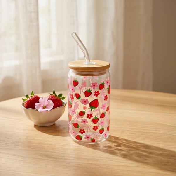 Vaso de Vidrio con Tapa de Bambú y Popote "Sweet Strawberry & Blossom"