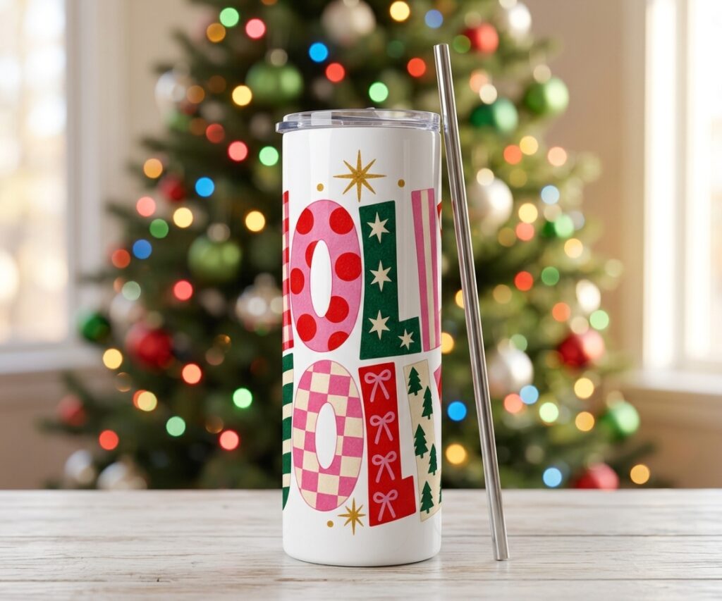 Vaso Termo Skinny "Holly Jolly" de 20 oz – Blanco con Pajilla Plástica
