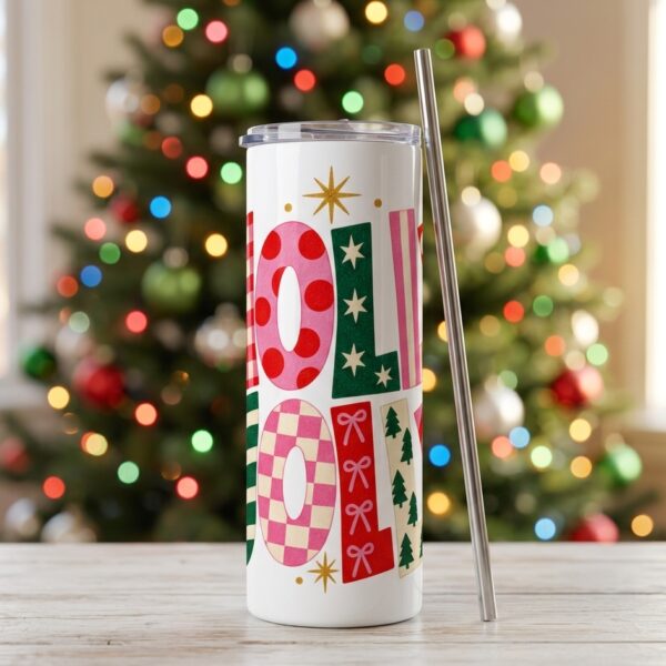 Vaso Termo Skinny "Holly Jolly" de 20 oz – Blanco con Pajilla Plástica