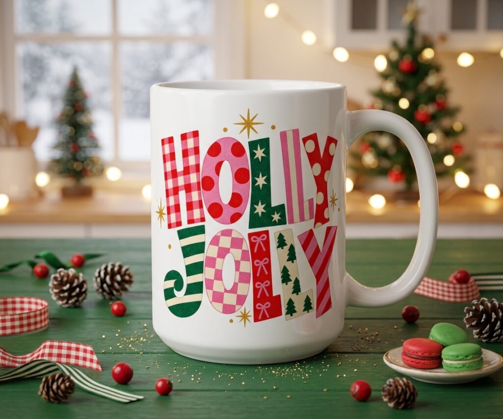 Taza Grande de Cerámica Blanca "Holly Jolly" 15 oz - Edición Navideña