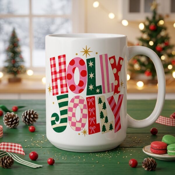 Taza Grande de Cerámica Blanca "Holly Jolly" 15 oz - Edición Navideña