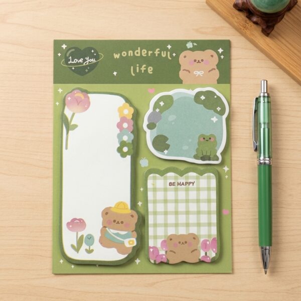 Notas Adhesivas Kawaii "Wonderful Life" 60 Hojas (100x130 mm) – Set de Banderitas Post-it Decorativas