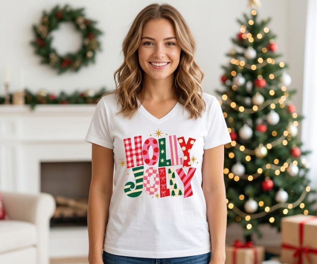 Camiseta Femenina "Holly Jolly" Cuello V- Edición Navideña