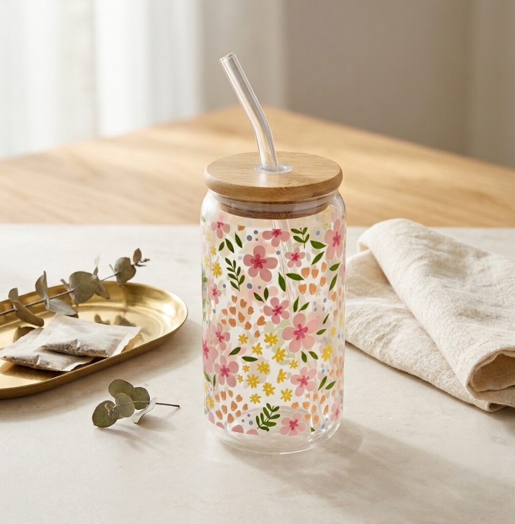 Vaso de Vidrio Floreado con Tapa de Bambú y Popote "Spring Floral"