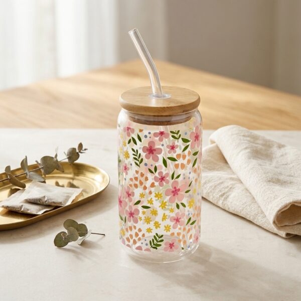 Vaso de Vidrio Floreado con Tapa de Bambú y Popote "Spring Floral"