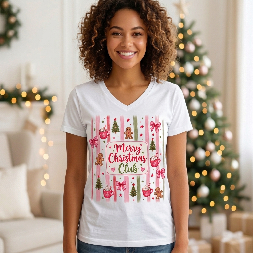 Camiseta Cuello en V Dama "Merry Christmas Club"