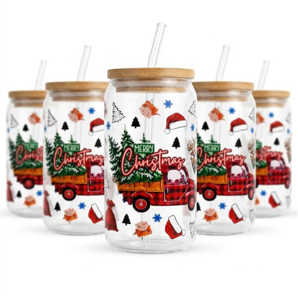 Vaso de Vidrio Navideño con Tapa de Bambú y Pajilla – Camión de Navidad (16 oz)