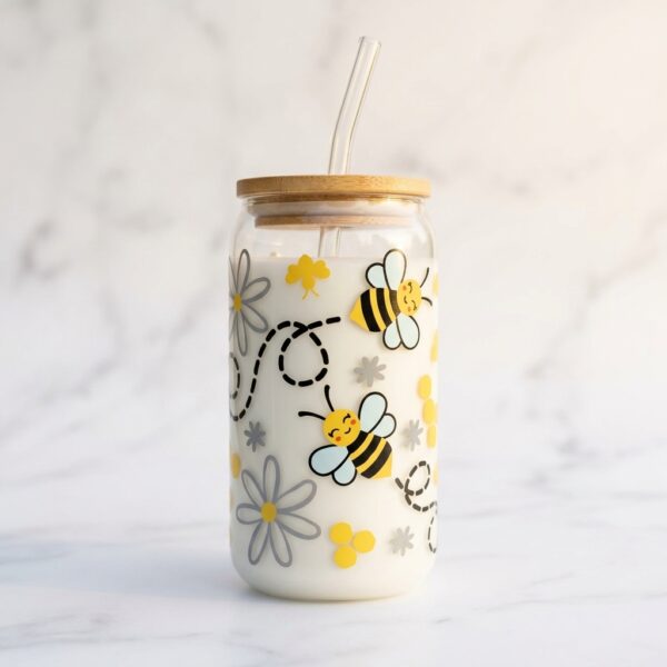 Vaso de Vidrio con Tapa de Bambú y Pajilla – Diseño Abejitas y Margaritas (16 oz)