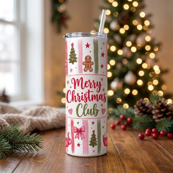 Vaso Termo Skinny "Merry Christmas Club" de 20 oz – Blanco con Pajilla Plástica