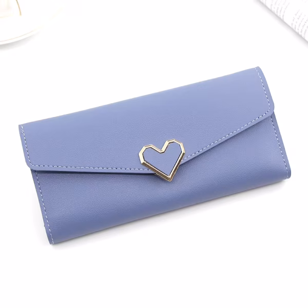 Billetera Celeste Larga con Broche de Corazón (19x9x2 cm) | Monedero y Tarjetero para Mujer