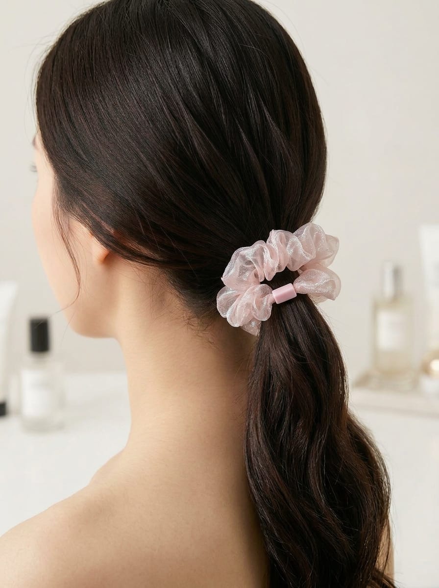 Mini Scrunchie de Organza Iridiscente Rosa (8 cm) con Cierre Elegante