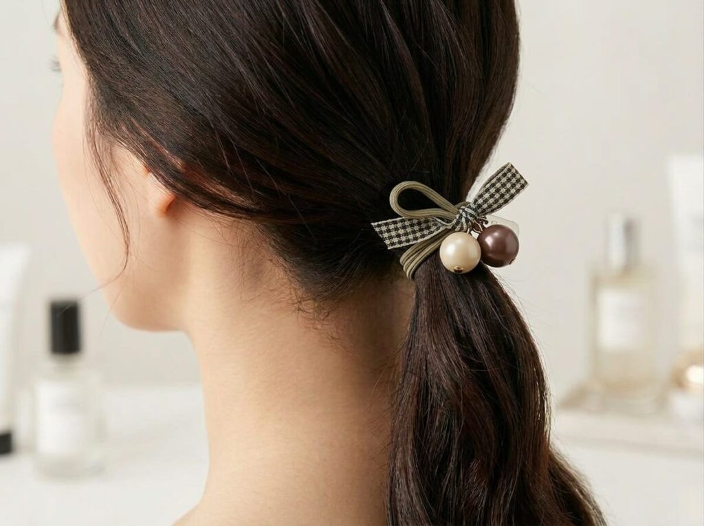 Coleta Elastizada para Cabello con Lazo Estampado Cuadros, Dijes de Perla y Esfera Café