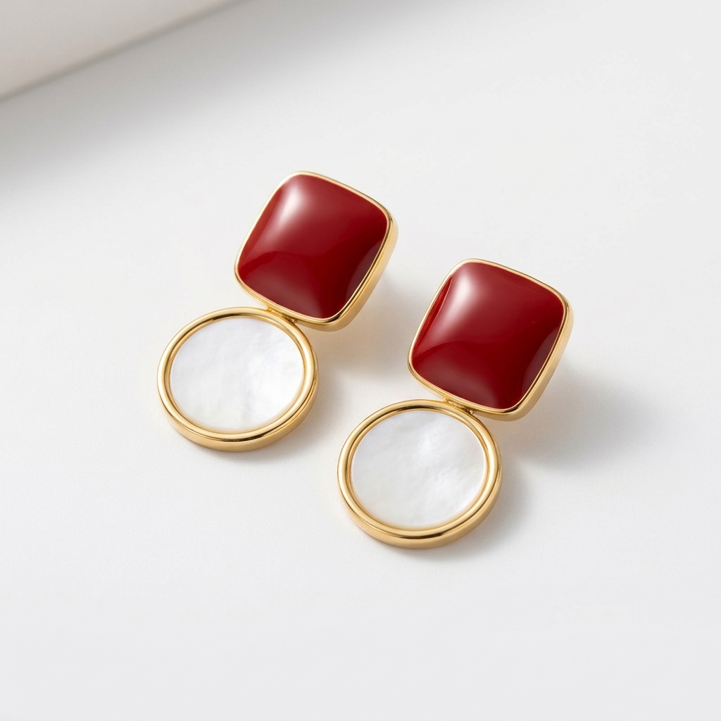 Aretes Geométricos Cuadrado Rojo y Círculo Nacarado en Acero Inoxidable