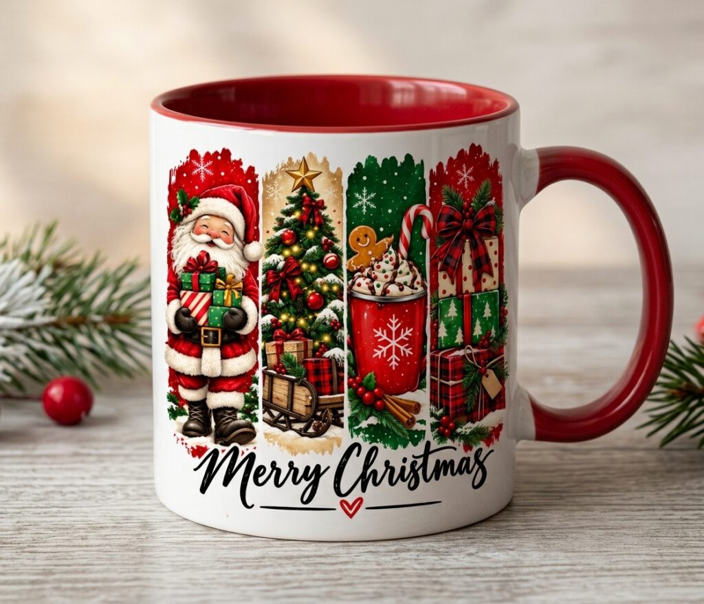 Taza de Cerámica Navideña Bicolor de 11 oz con Ilustración en Paneles