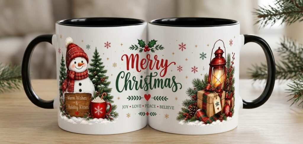 Taza Navideña de Cerámica de 11 oz – Colección "Muñeco de Nieve y Farol"