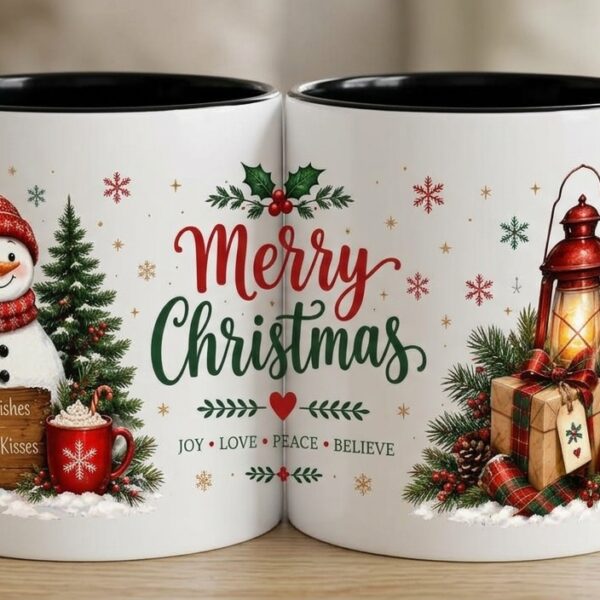 Taza Navideña de Cerámica de 11 oz – Colección "Muñeco de Nieve y Farol"