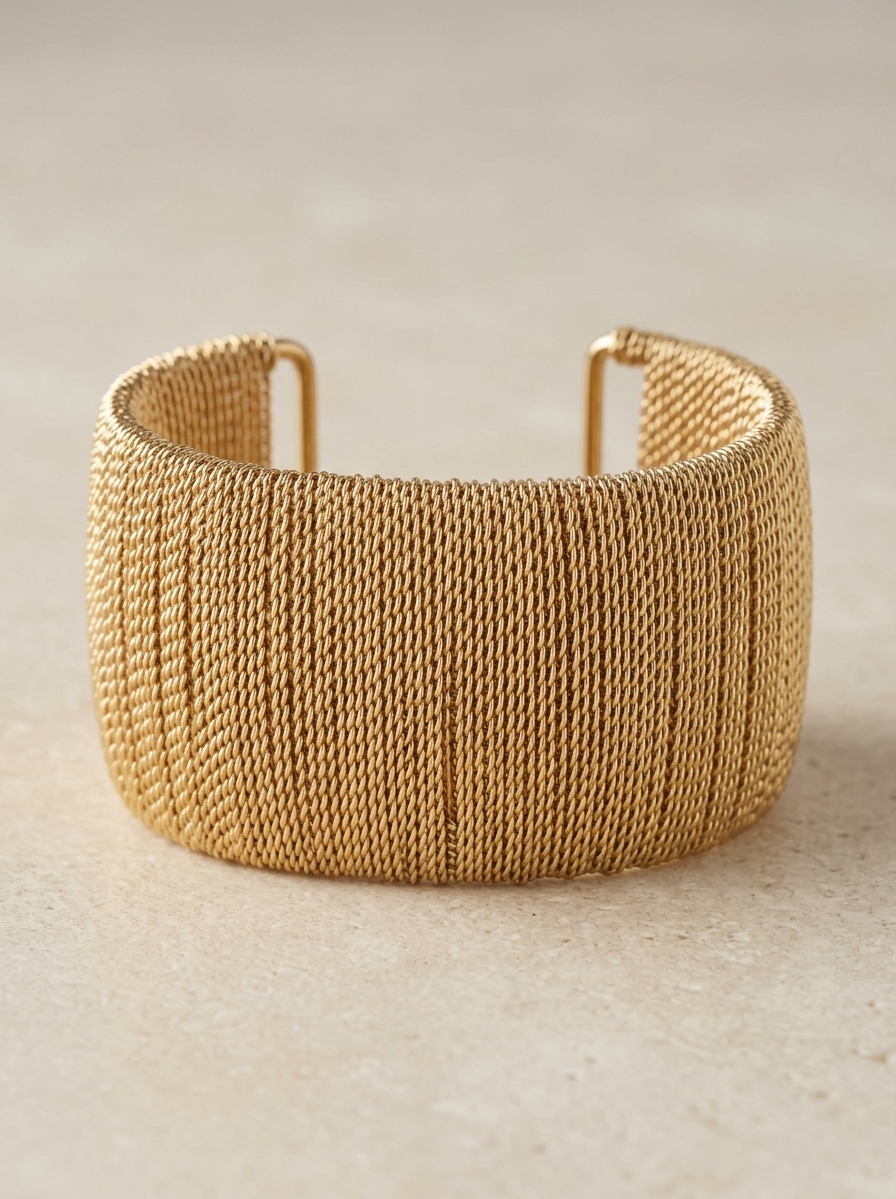 Pulsera Brazalete Abierta de Aleación Dorada en Malla Tejida