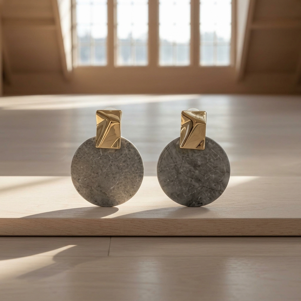 Aretes Geométricos Plateados con Medallón Gris Aterciopelado
