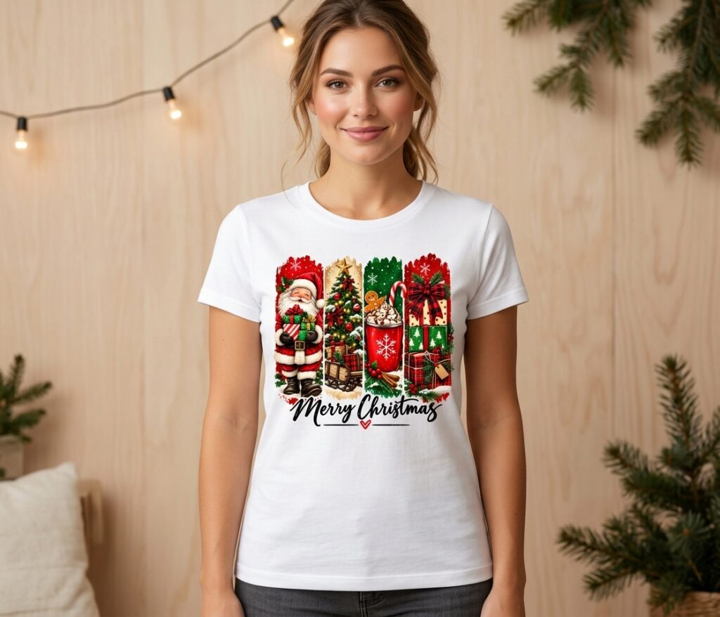 Camiseta Navideña para Mujer con Diseño Festivo Ilustrado